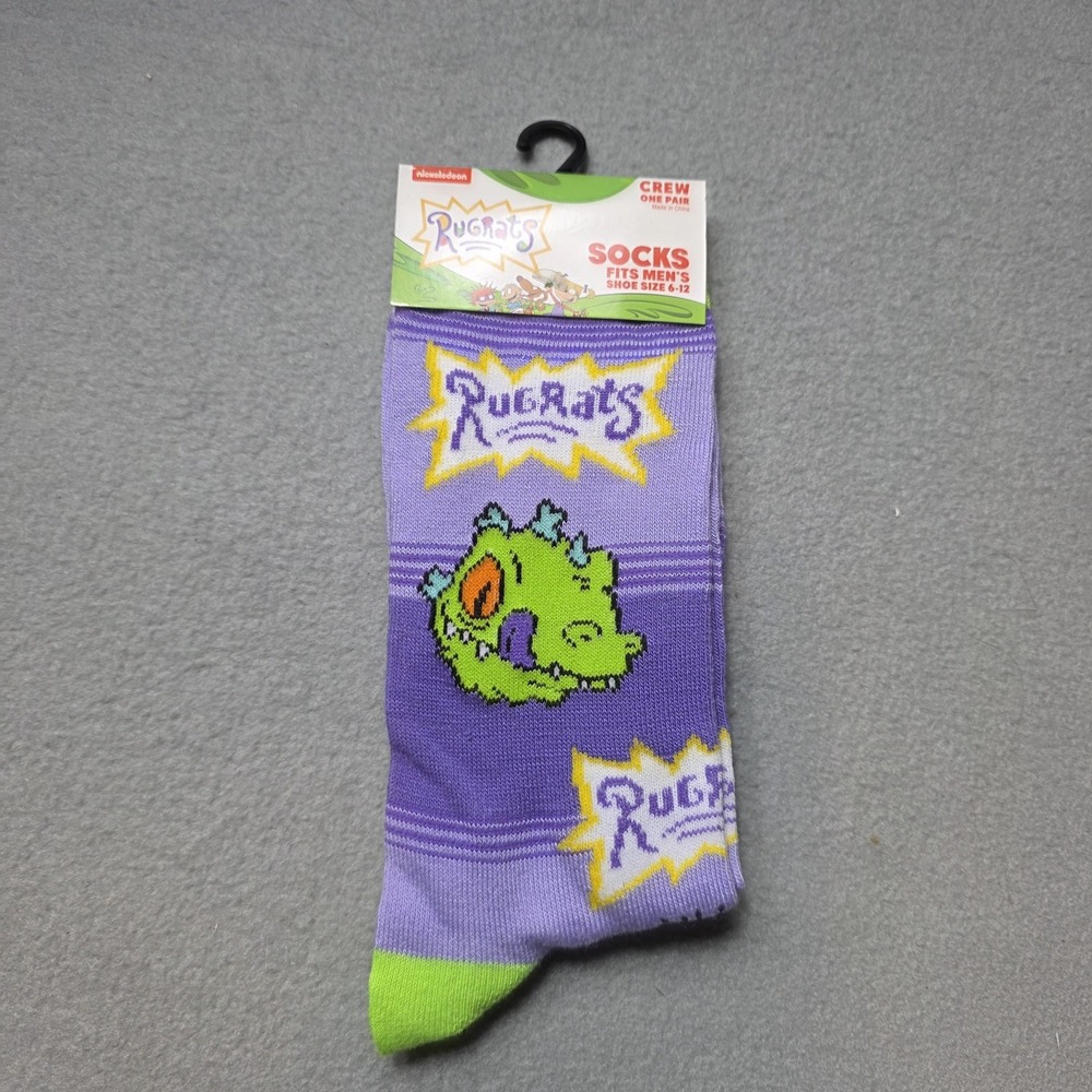 Rugrats Socks Mens 10-13 Purple Crew Reptar Nickelodeon Cartoon Striped TV Show